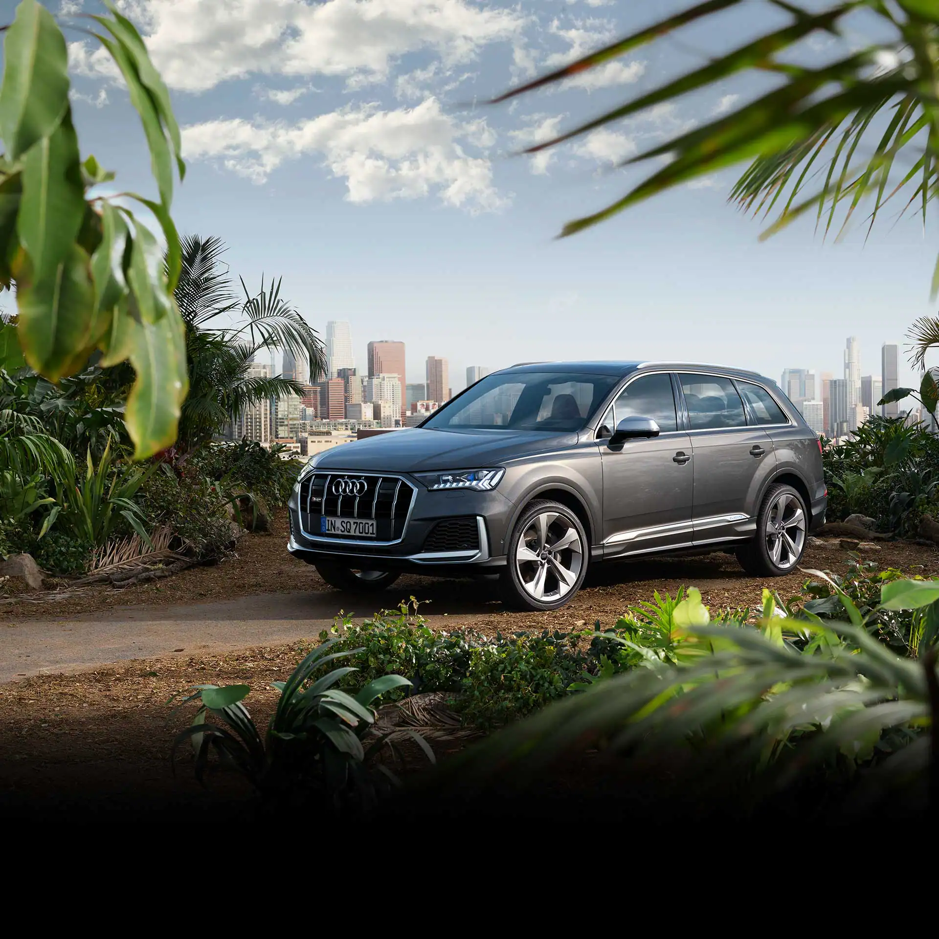 audi sq7 parked amongst trees